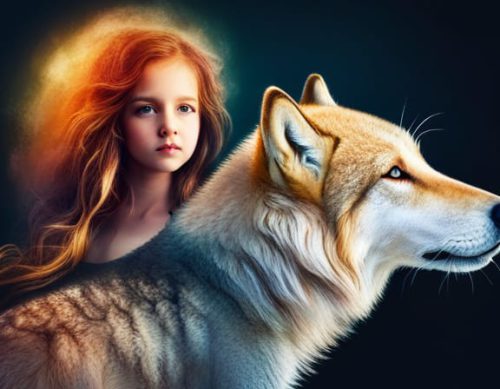 foto wolf met roodharig kind, YvN